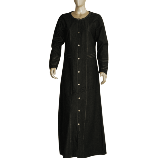 Abaya in stretchable denim with gold buttons or double stitch and pockets