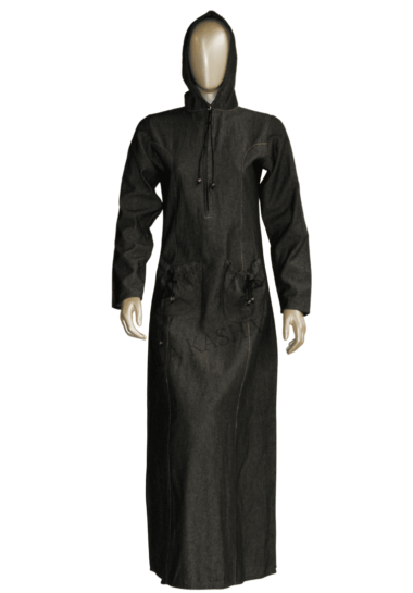 Abaya in stretchable denim with a band collar stitch details and pockets