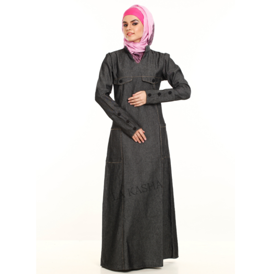 Woman denim abaya with Chinese collar and flap pocket