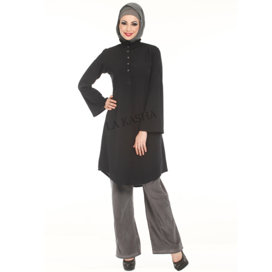 Poly crepe neck embellished button front cross bottom Tunic