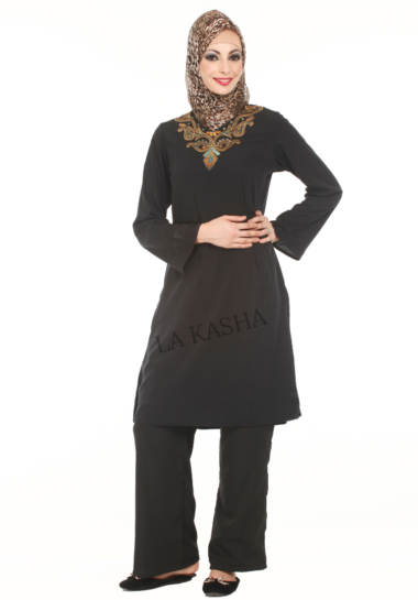 Poly Georgette scrunched cuff V-neck embroidered Tunic