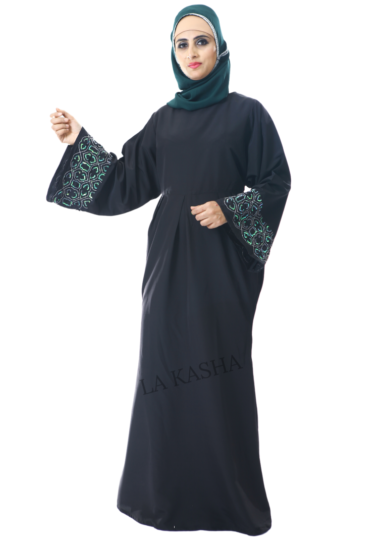 Abaya Dubai style with intricately hand embroidered Bell sleeves and waist box pleat in kashibo