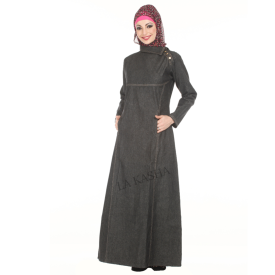 Abaya in Denim, zipper front & patch pocket.