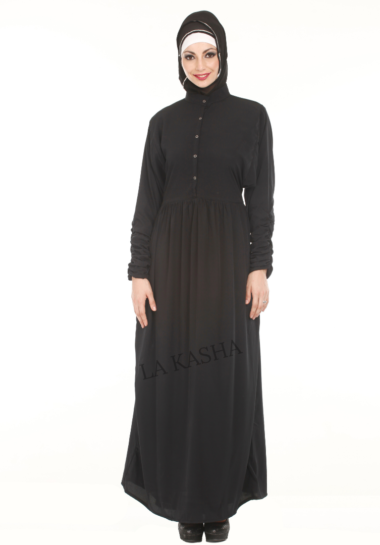 Abaya in poly crepe, layered with contrast raw silk boarder.