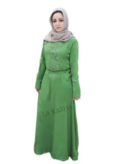 Abaya with tonal embroidery and a slight flare with a belt in crepe