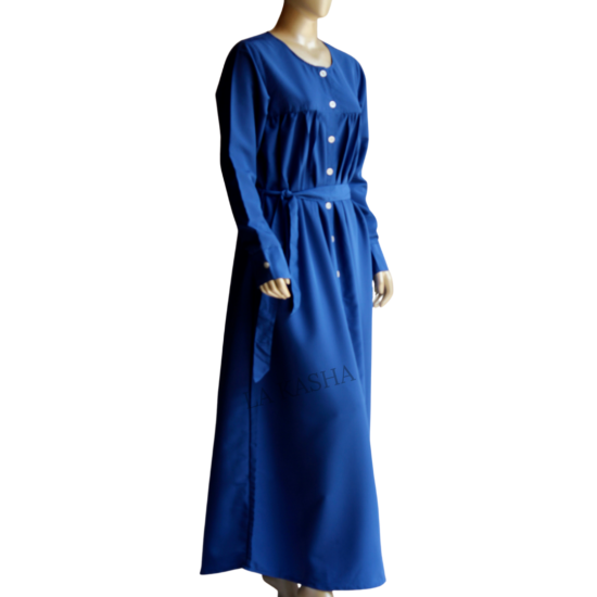 Abaya with button down front, chest gathers and a flare and belt fit waist for every day wear in kashibo