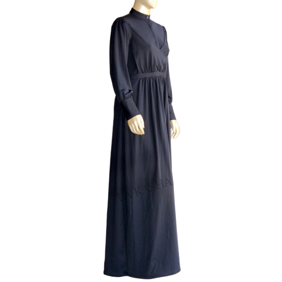 Abaya with a cross front, band collar and cuff in poly knit