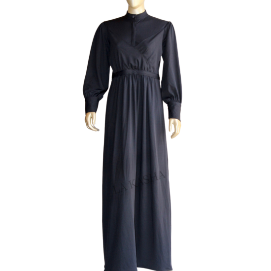Abaya with a cross front, band collar and cuff in poly knit