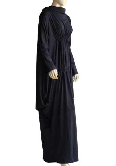 Abaya kaftan Dubai style with elastic scrunched gathers on front and a cowl neck in poly knit