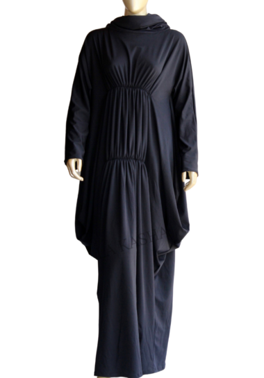 Abaya kaftan Dubai style with elastic scrunched gathers on front and a cowl neck in poly knit