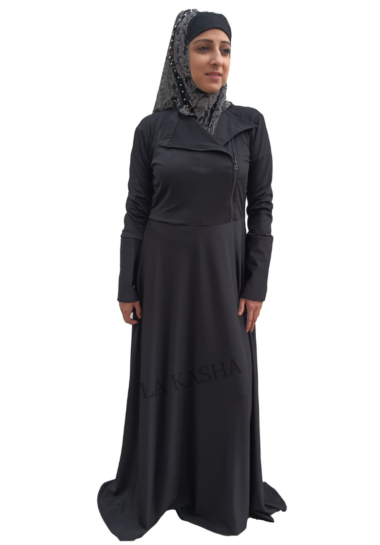 Abaya with a side zipper band collar and wide bottom in poly knit