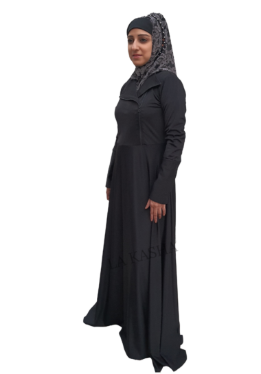 Abaya with a side zipper band collar and wide bottom in poly knit