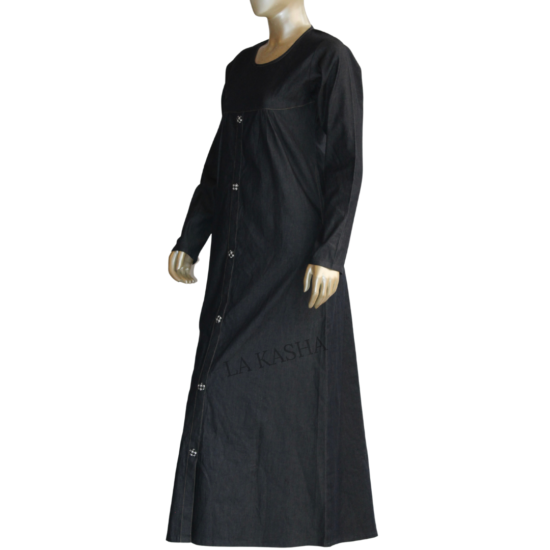 Abaya in stretch denim with fabric show button and A line cut