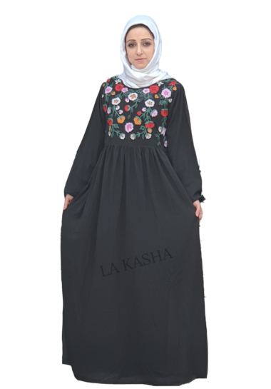 Abaya with bright floral motif embroidery on bodice and waist gathers in georgette