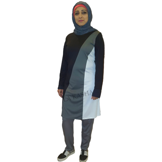 Modest track suit with a pullover colour block front and an all round elastic waist pants in poly knit