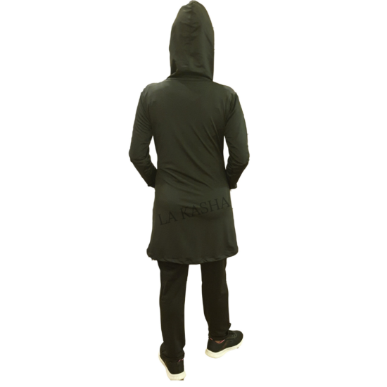 Modest track suit zipper front with a hood and slit pockets and an all round elastic pant in poly knit
