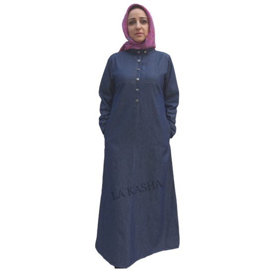 Abaya for women in stretchable denim with a band collar and side pockets