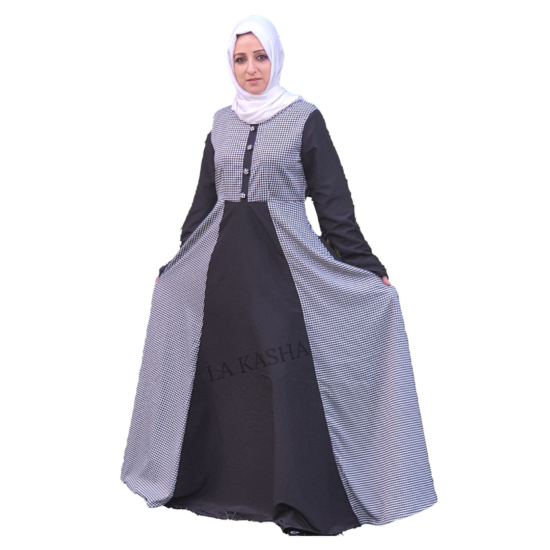 Abaya in poly crepe with bow tie button front highlight