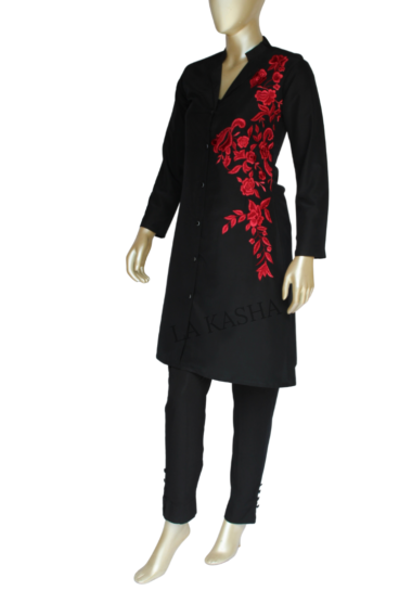 Tunic jacket with rich embroidery and button down front in kashibo with crepe pant set