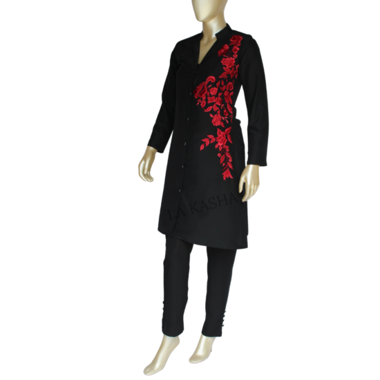Tunic jacket with rich embroidery and button down front in kashibo with crepe pant set