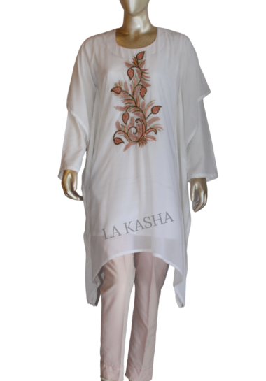 Kaftan tunic in georgette with traditional rich thread work and asymmetrical bottom