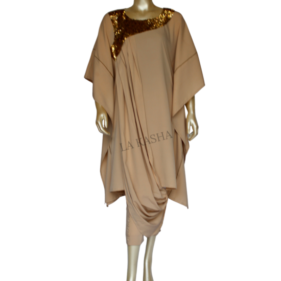 Kaftan tunic in crepe with a pleated front drape and rich gold sequin handwork