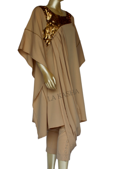 Kaftan tunic in crepe with a pleated front drape and rich gold sequin handwork