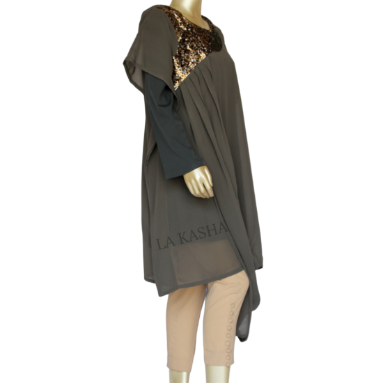 Kaftan tunic in georgette with a pleated front drape and rich antique random sequin handwork