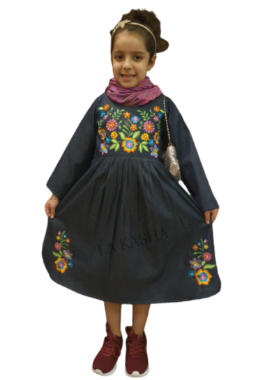 Girls cute colours handworked floral embroidery denim dress