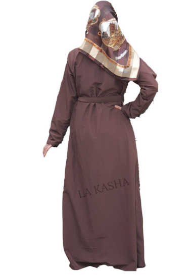 Abaya with intricate hand work on neck with a box pleat and belt in kashibo