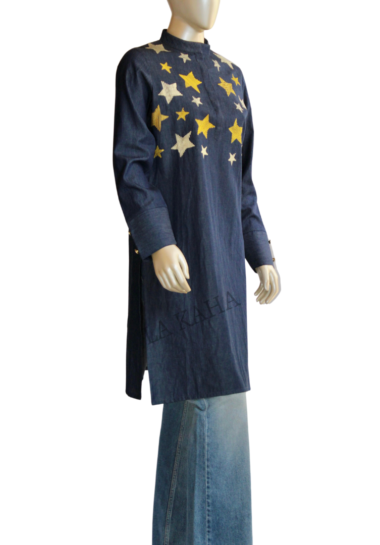 Tunic in denim with band collar and star embroidery highlight