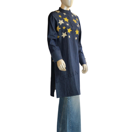Tunic in denim with band collar and star embroidery highlight