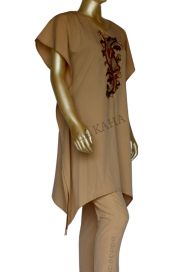 Kaftan tunic with intricate handwork and asymmetrical bottom in crepe