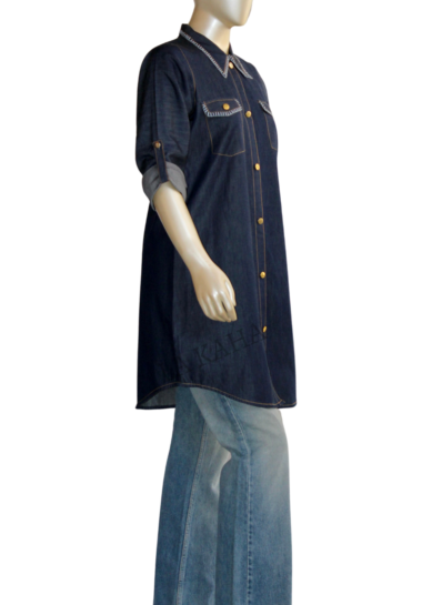 Tunic shirt in light weight denim with blanket stitch and roll up cuff