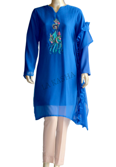 Kaftan tunic in georgette with ruffle, intricately handworked and crepe pant set