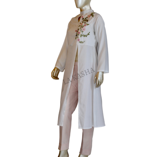 Tunic kurti with rich thread work in pure cotton and crepe pant set