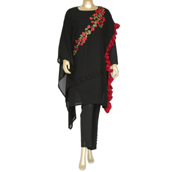 Kaftan tunic in poly goergette with floral embroidery and side ruffle with crepe pant set