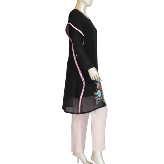 Kaftan tunic in georgette floral embroidered and crepe pant set