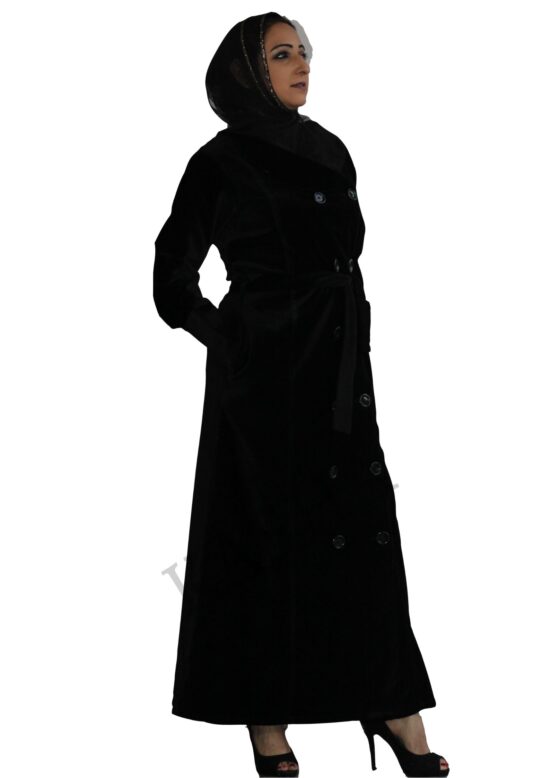Trenchcoat abaya in velvet with an overlapping front button down