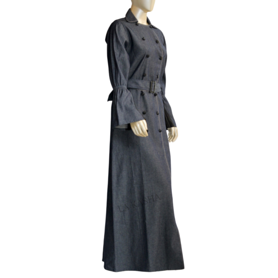Abaya jacket in denim collared button down with a belt and rich thread embroidery