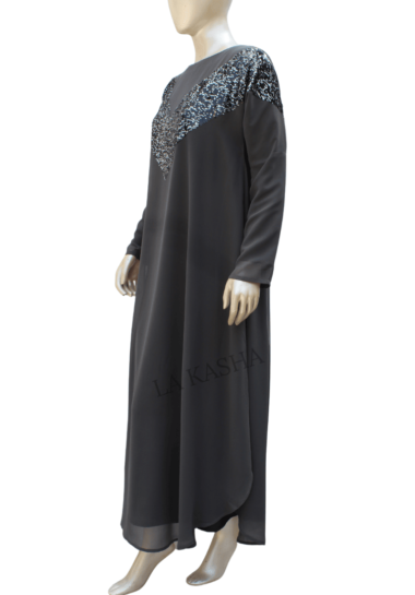 Kaftan abaya in georgette with antique silver sequin handwork front and round bottom