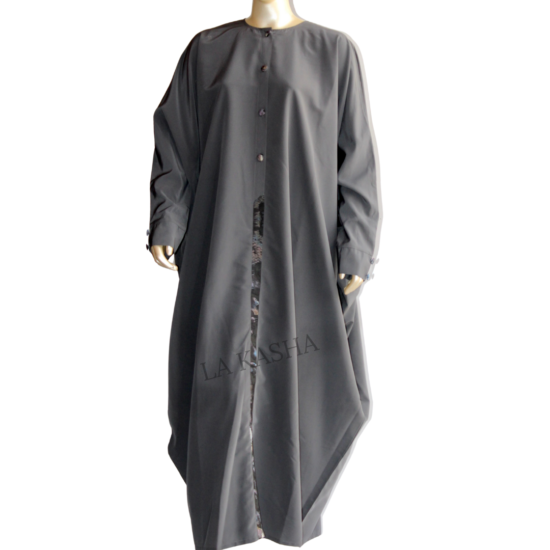 Kaftan abaya in kashibo with print placket and faux button details