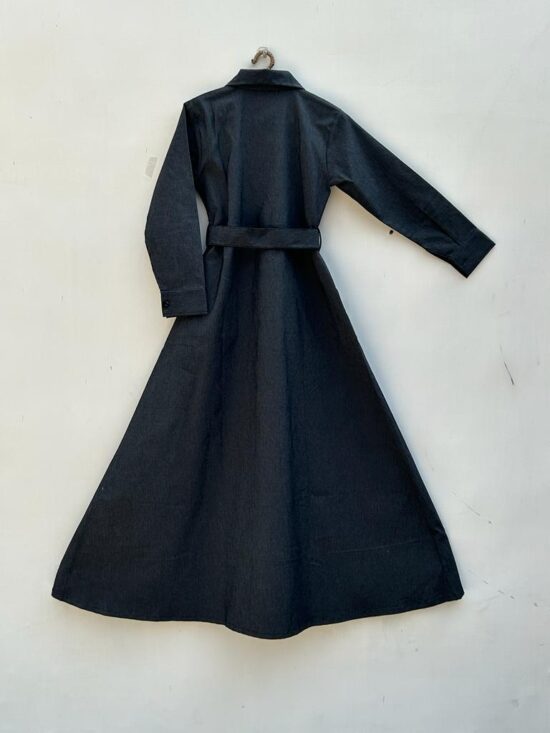 Abaya jacket in denim collared button down with a belt and rich thread embroidery