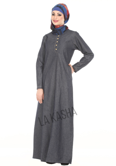 Abaya in stretch denim with show button and side pockets