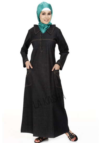 Abaya in stretch denim with patch pockets and pointed collar