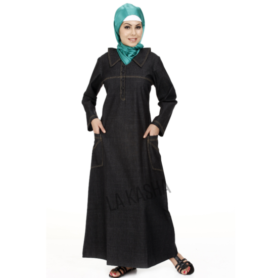 Abaya in stretch denim with patch pockets and pointed collar