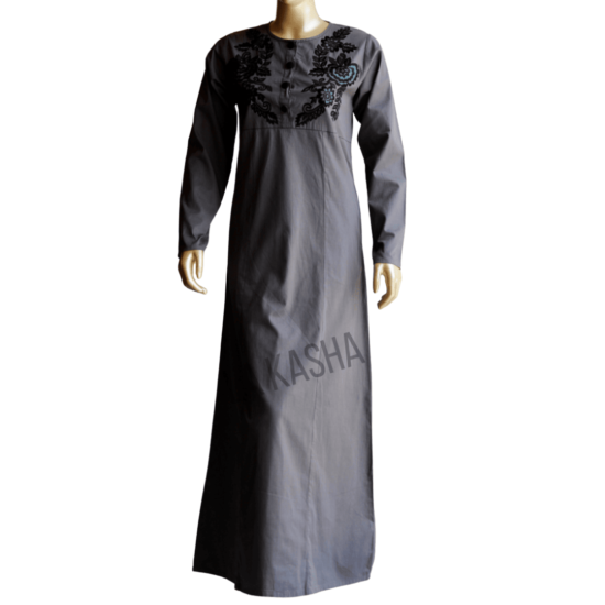 Abaya in twill, hand embroidered.