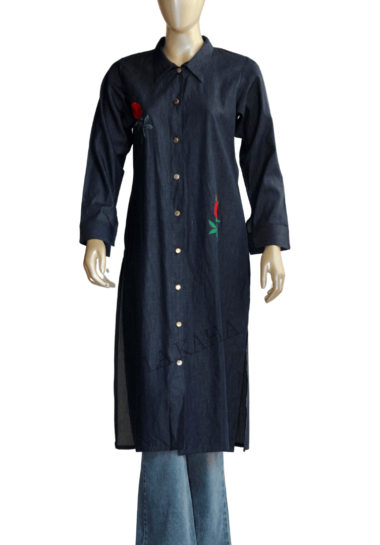Long tunic shirt in light weight, stretch denim with embroidery