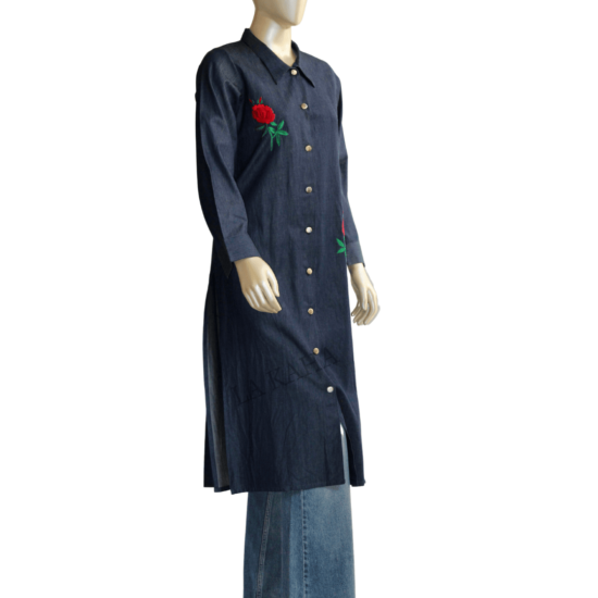 Long tunic shirt in light weight, stretch denim with embroidery