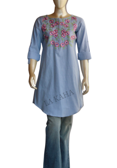 Tunic in cotton chambray with floral embroidery and roll up cuff